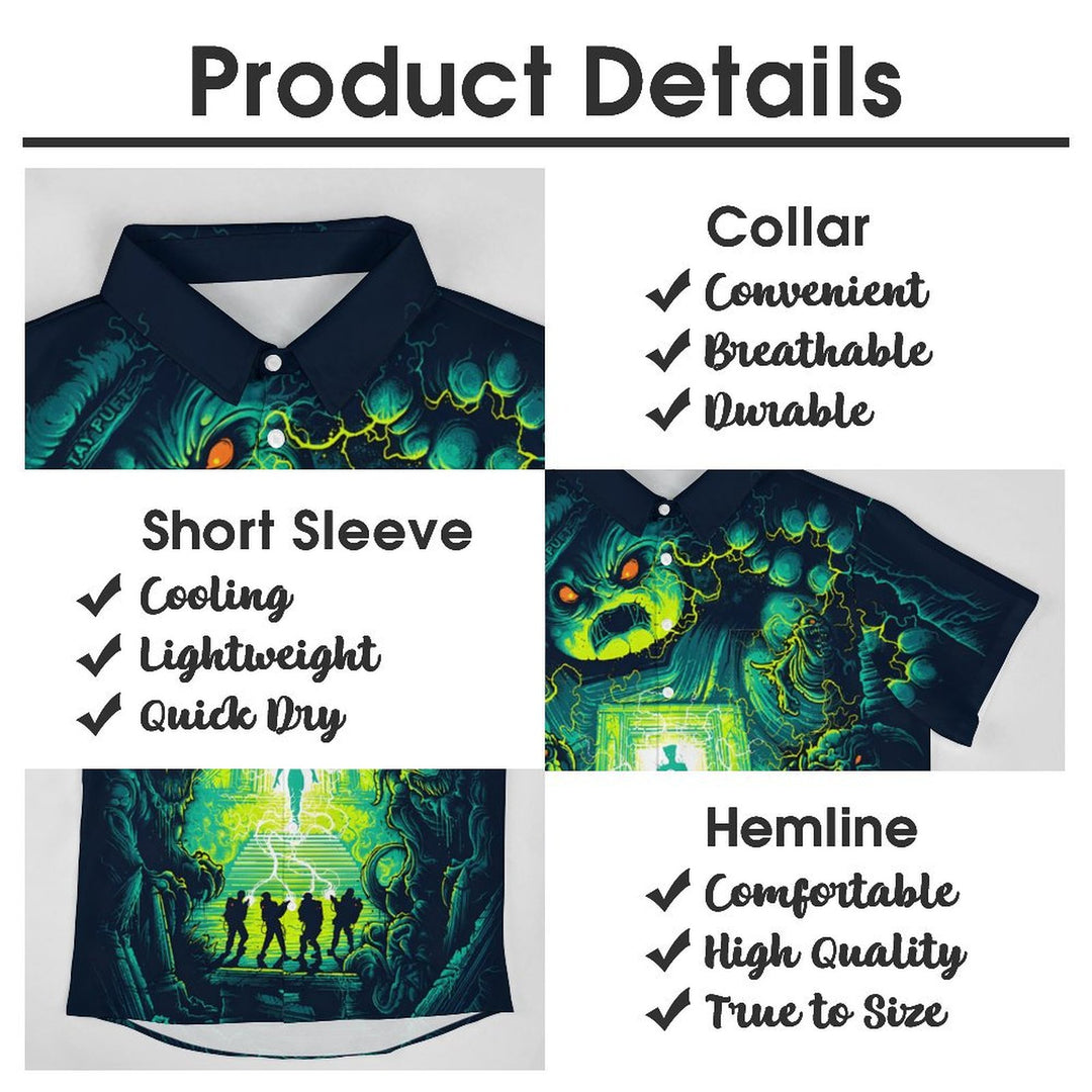 Psychedelic Sci-Fi Crazy Adventure Team And Ferocious Ghost Prints Casual Short Sleeve Shirt 2402000189