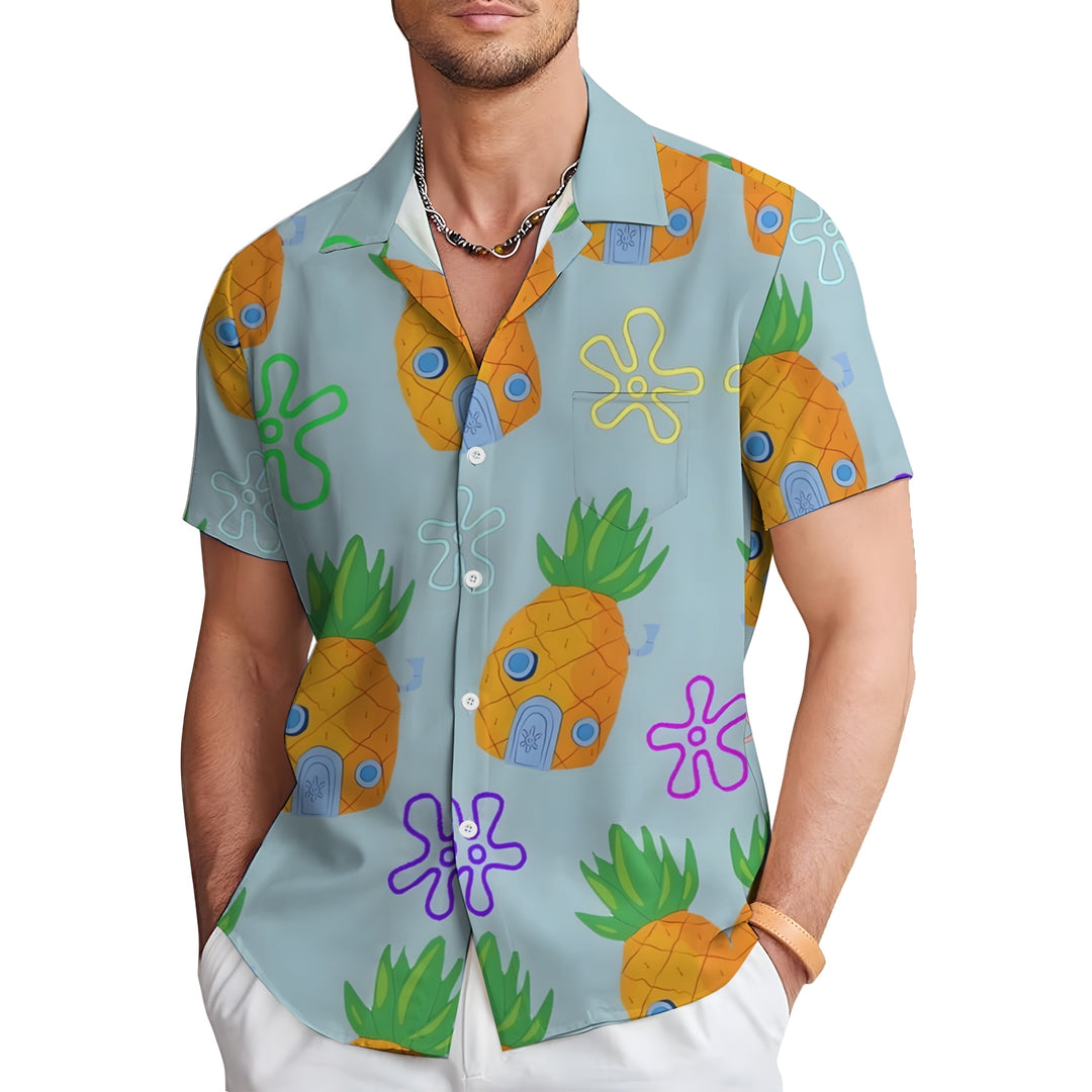 Cartoon Pineapple House Casual Short Sleeve Shirt 2403000365