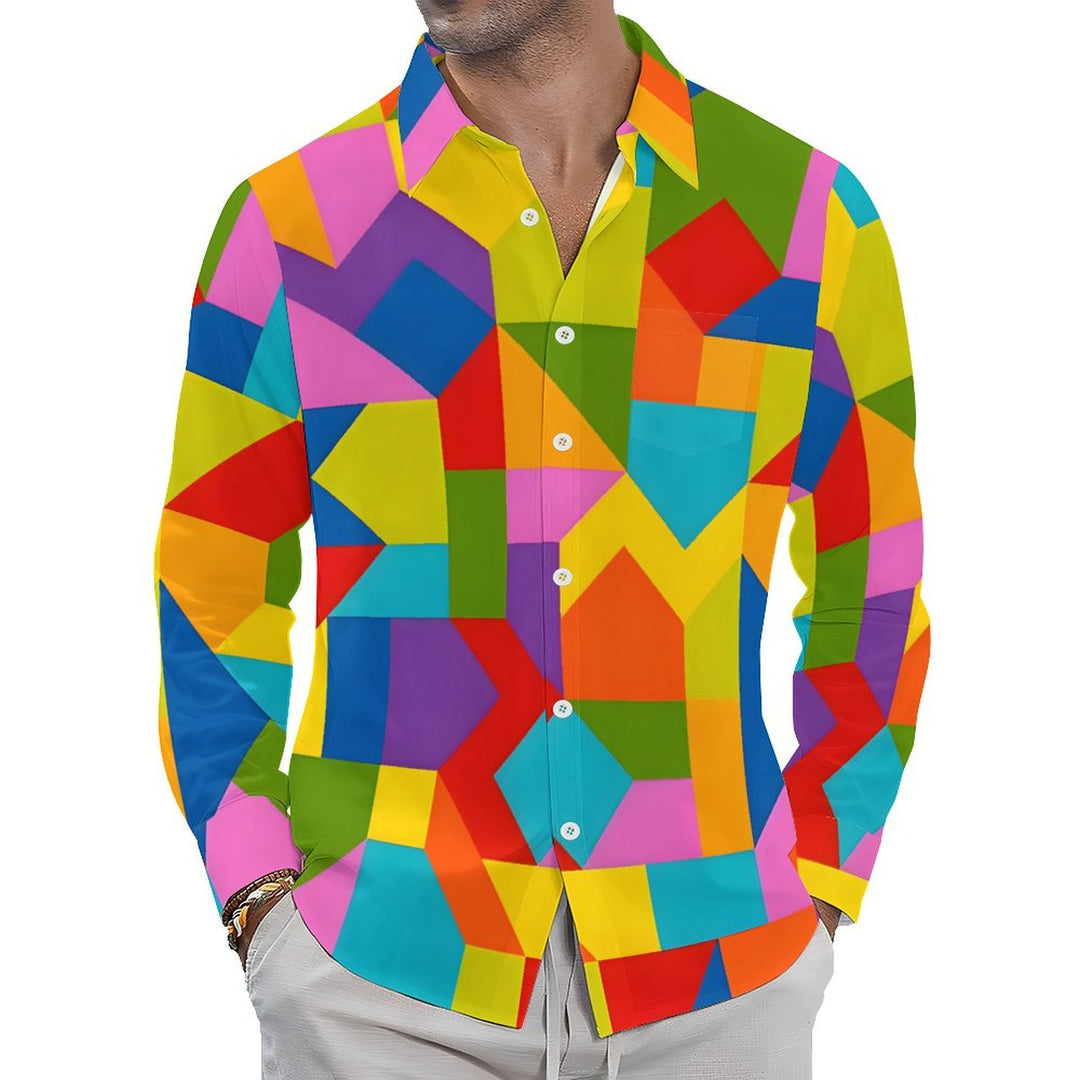 Men's Casual Colorful Geometric Blocks Printed Long Sleeve Shirt 2403000053