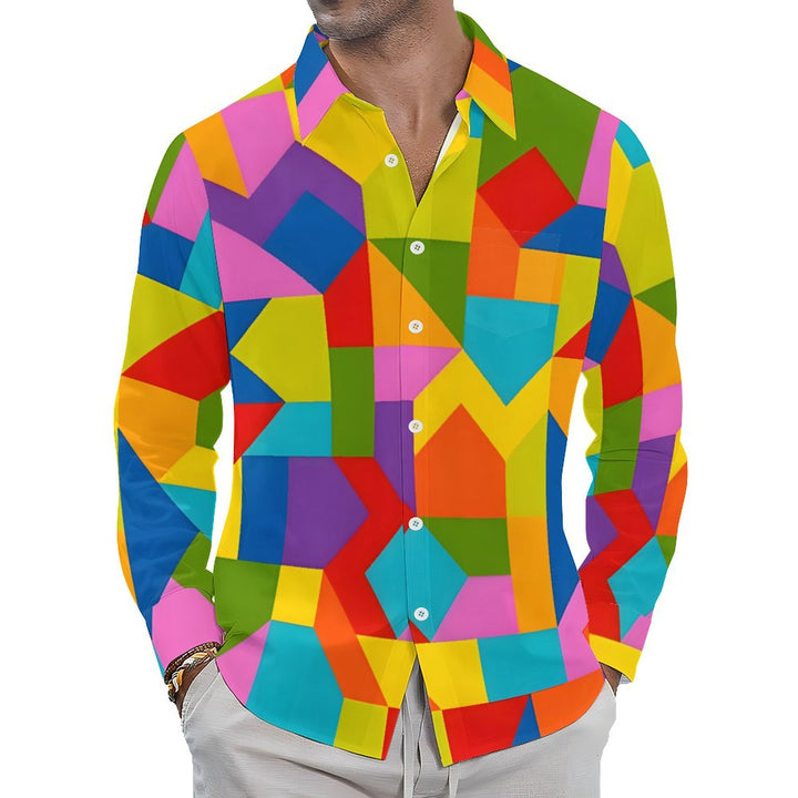 Men's Casual Colorful Geometric Blocks Printed Long Sleeve Shirt 2403000053