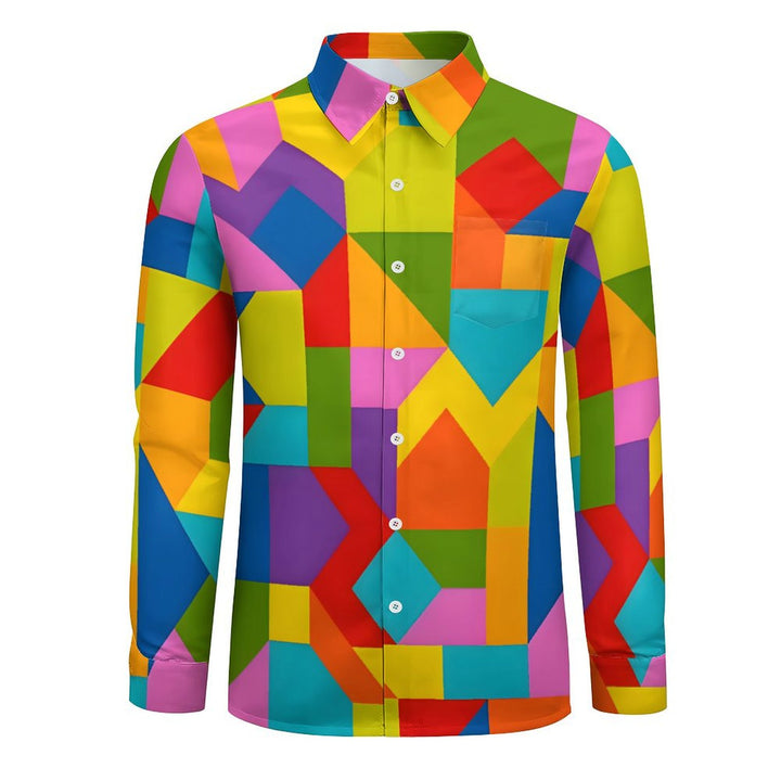 Men's Casual Colorful Geometric Blocks Printed Long Sleeve Shirt 2403000053