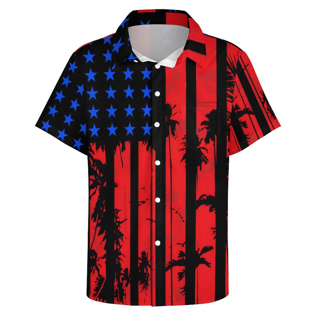 Flag Coconut Tree Chest Pocket Short Sleeve Casual Shirt 2312000516