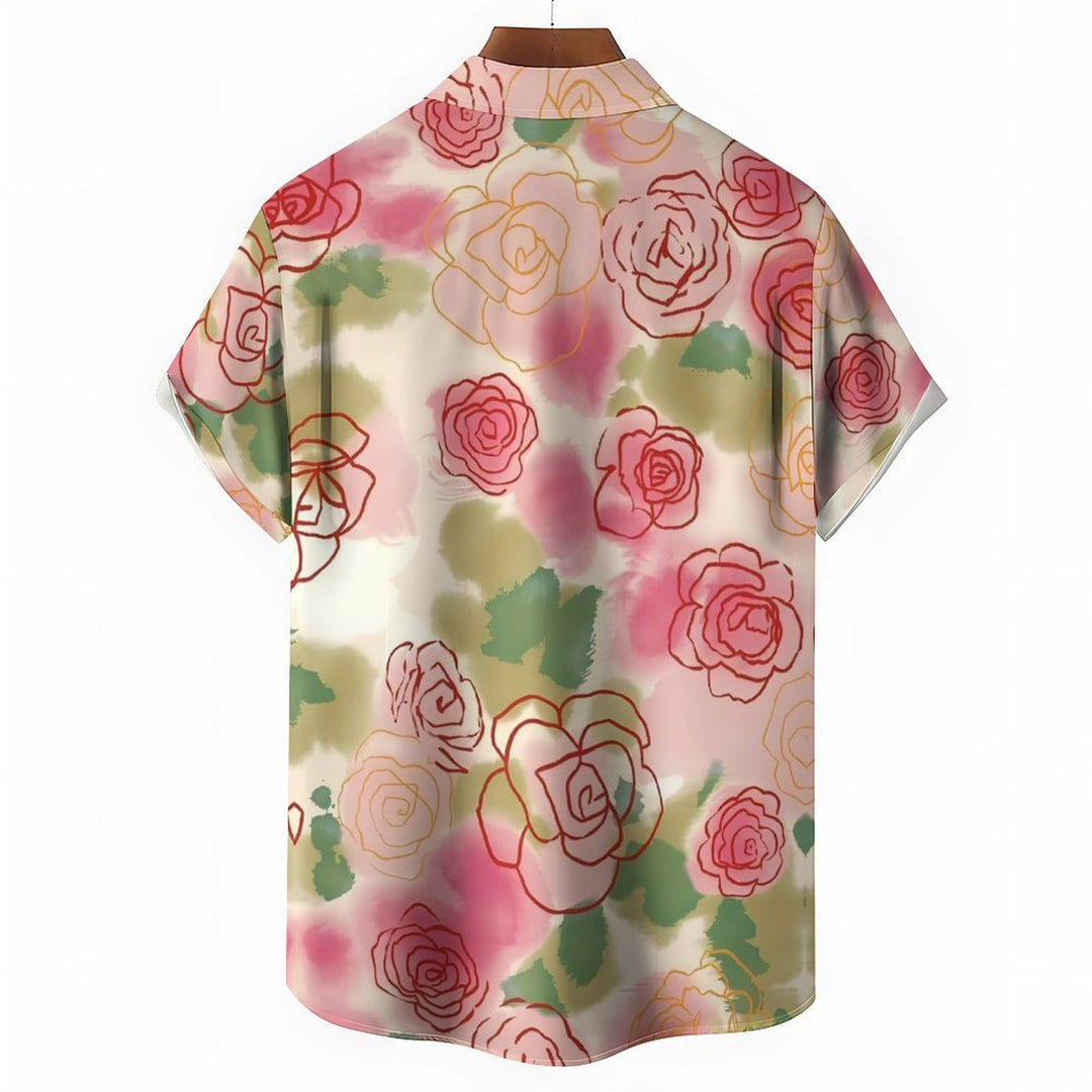 Artistic Rose Print Casual Short Sleeve Shirt 2402000317