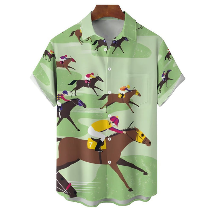 Horse Racing Theme Casual Short Sleeve Shirt 2402000006