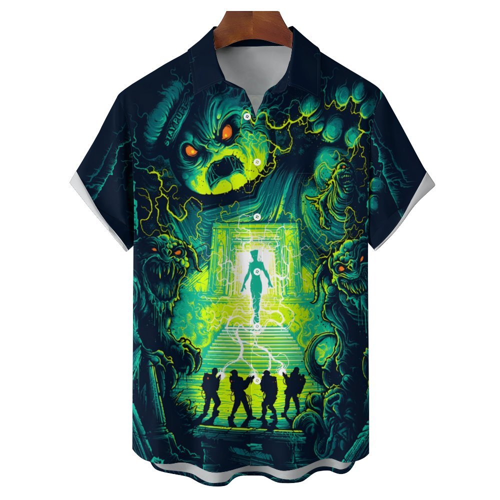 Psychedelic Sci-Fi Crazy Adventure Team And Ferocious Ghost Prints Casual Short Sleeve Shirt 2402000189