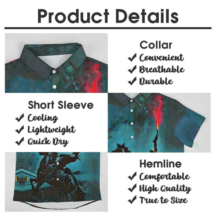 Men's Retro Denim Print Casual Short Sleeve Shirt 2402000360