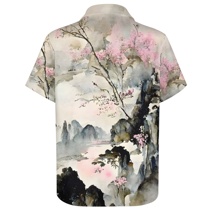 Men's Chinese Painting Ink Painting Art Casual Short Sleeve Shirt 2403000033