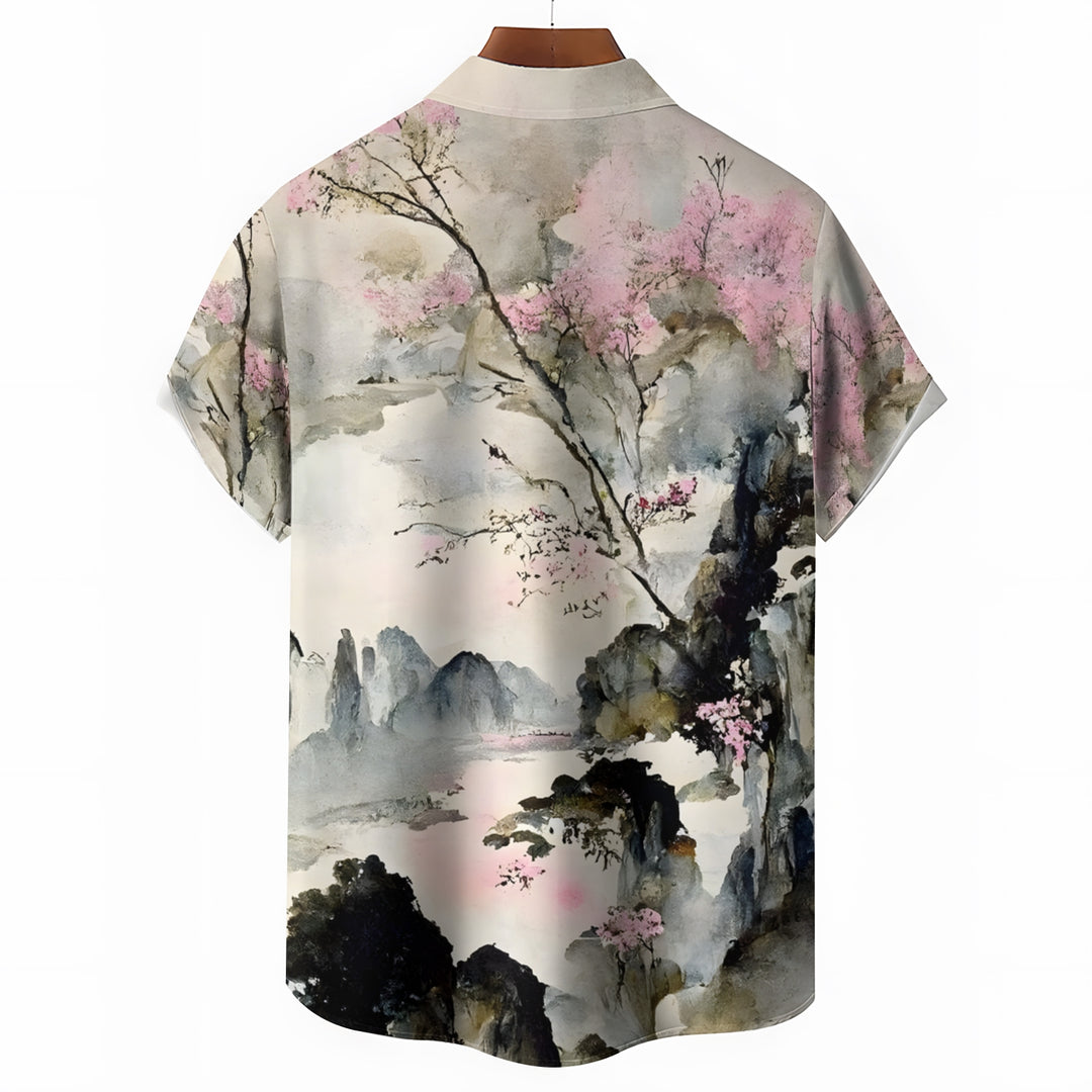 Men's Chinese Painting Ink Painting Art Casual Short Sleeve Shirt 2403000033