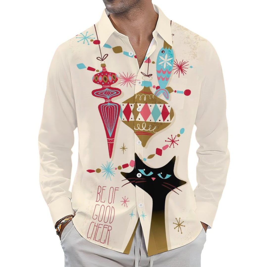 Men's Casual Festive Cat Printed Long Sleeve Shirt 2312000276