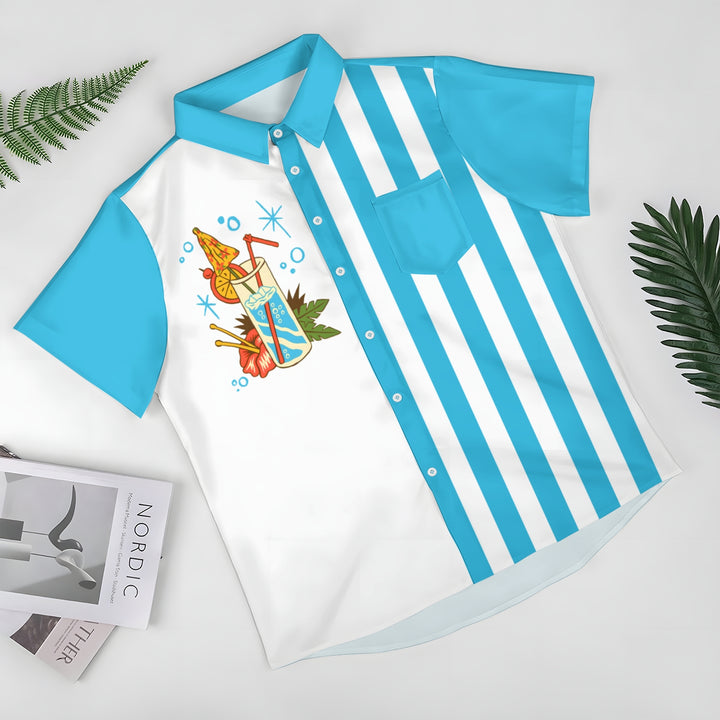 Retro Cocktail Blue Bowling Shirt Striped Cartoon Camping Pocket Shirt 2403000104