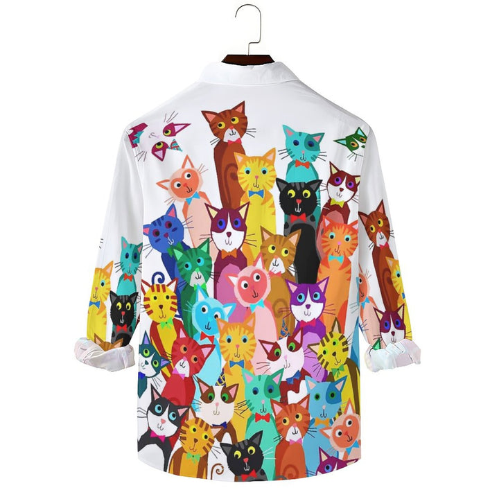 Men's Casual Colorful Cats Printed Long Sleeve Shirt 2312000343