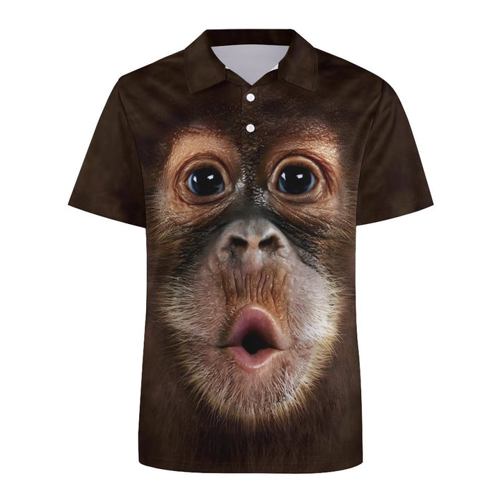 Men's Button Down Short Sleeve Exhaling Orangutan Printed Polo Shirt 2312000294