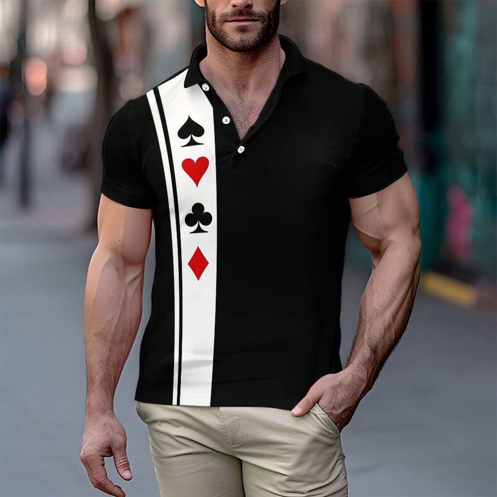 Men's Button-Down Short Sleeve Poker Print Polo Shirt 2403000113