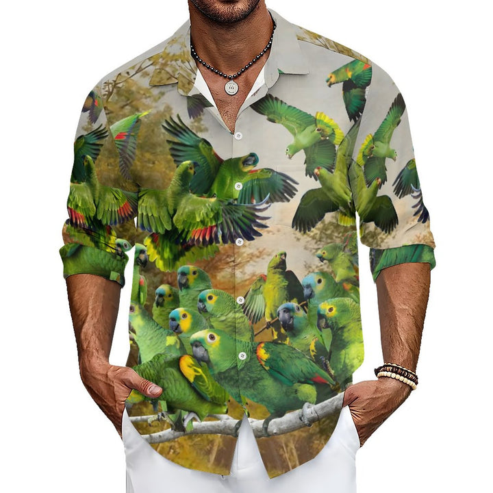 Men's Casual Parrot In The Woods Printed Long Sleeve Shirt 2312000208