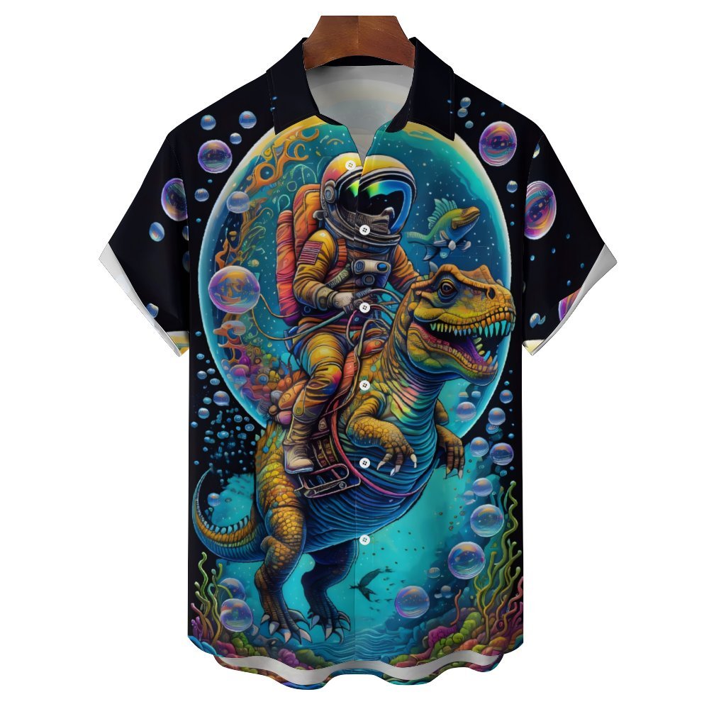 Men's Astronaut And Dinosaur Print Casual Short Sleeve Shirt 2402000282