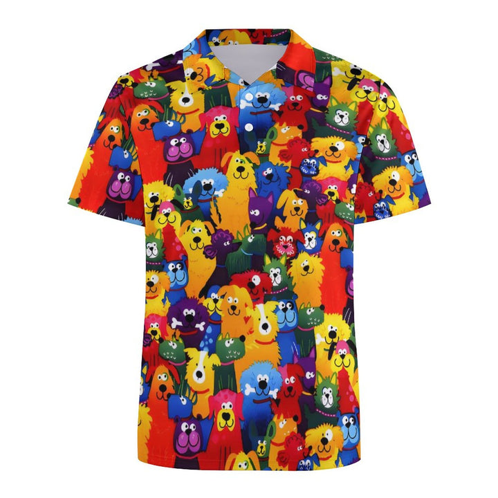 Men's Button-Down Short Sleeve Colorful Dog Print Polo Shirt 2312000291