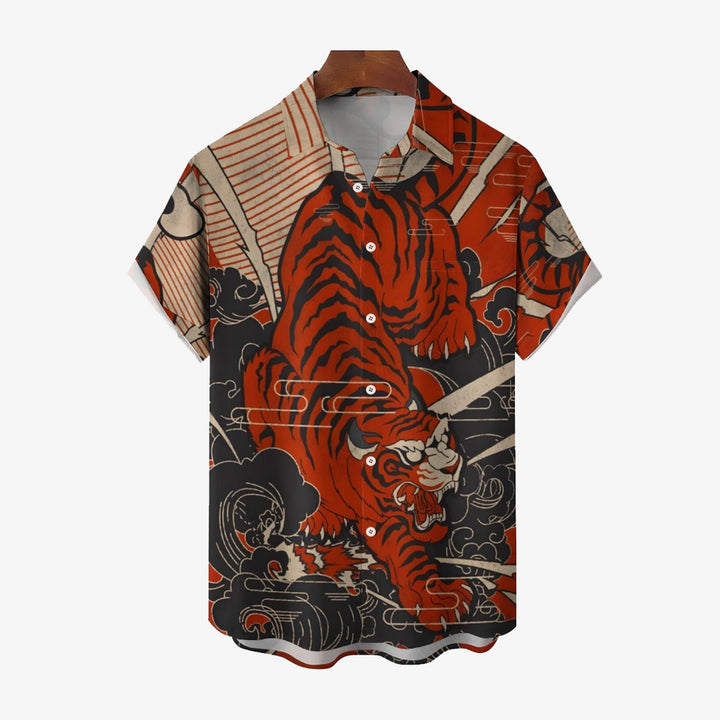 Tiger Ukiyo-E Art Style Print Casual Short Sleeve Shirt 2402000273