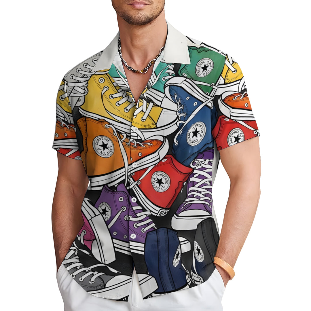 Retro Nostalgic Canvas Shoes PrintCasual Short Sleeve Shirt 2403000096