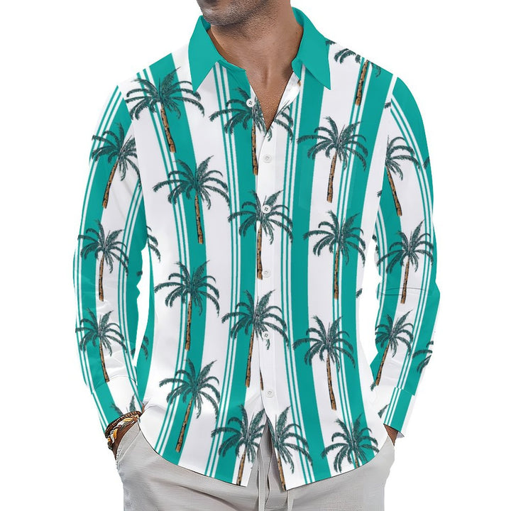 Men's Casual Coconut Palm Stripes Printed Long Sleeve Shirt 2403000050