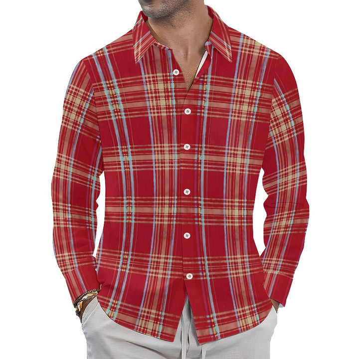 Men's Casual Beach Vacation Red Plaid Printed Long Sleeve Shirt 2312000199