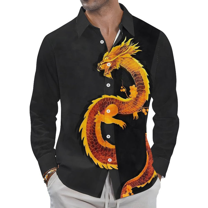 Men's Casual Dragon Printed Long Sleeve Shirt 2403000054