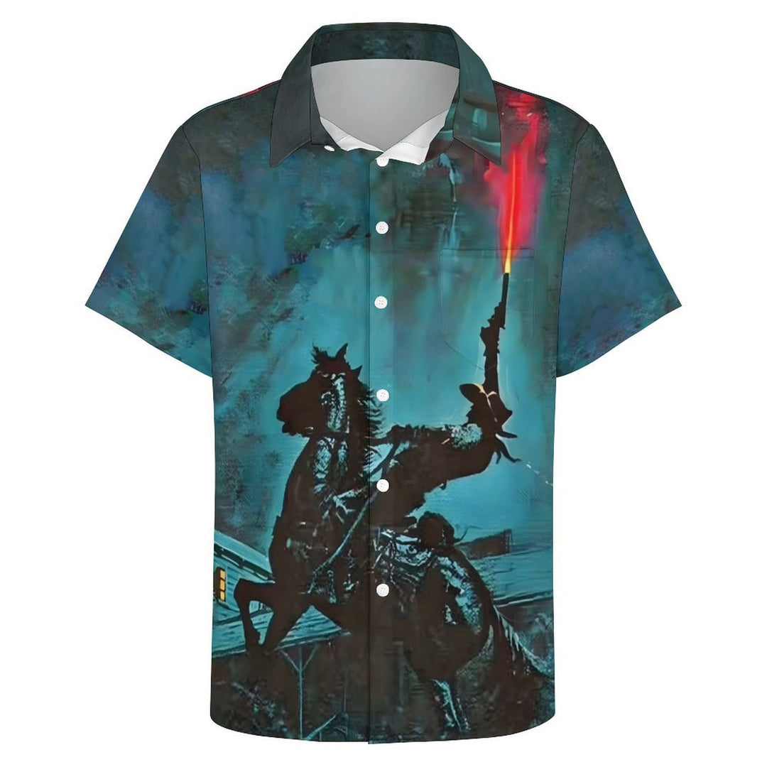 Men's Retro Denim Print Casual Short Sleeve Shirt 2402000360