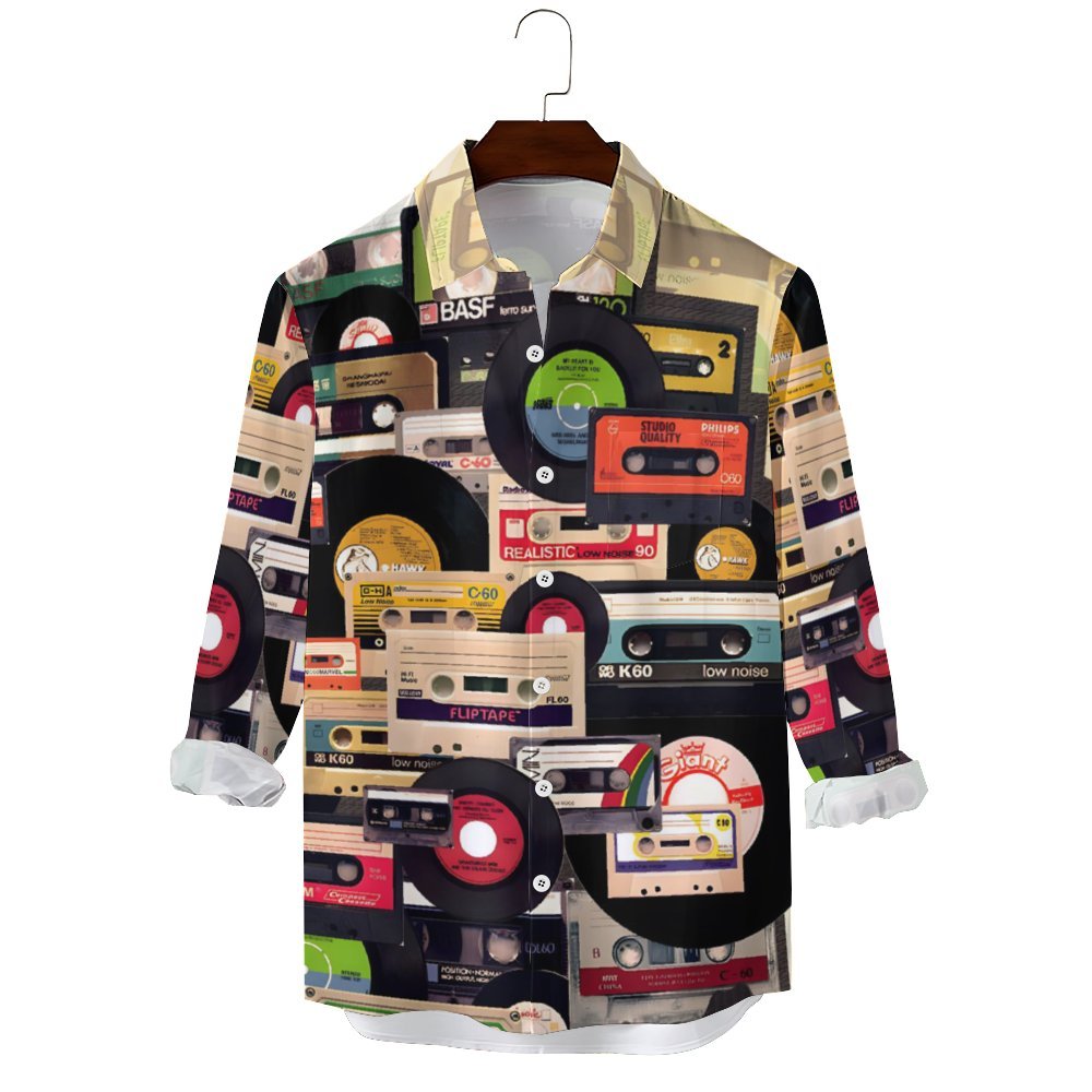 Men's Casual Music Tape Vinyl RecordPrinted Long Sleeve Shirt 2312000317