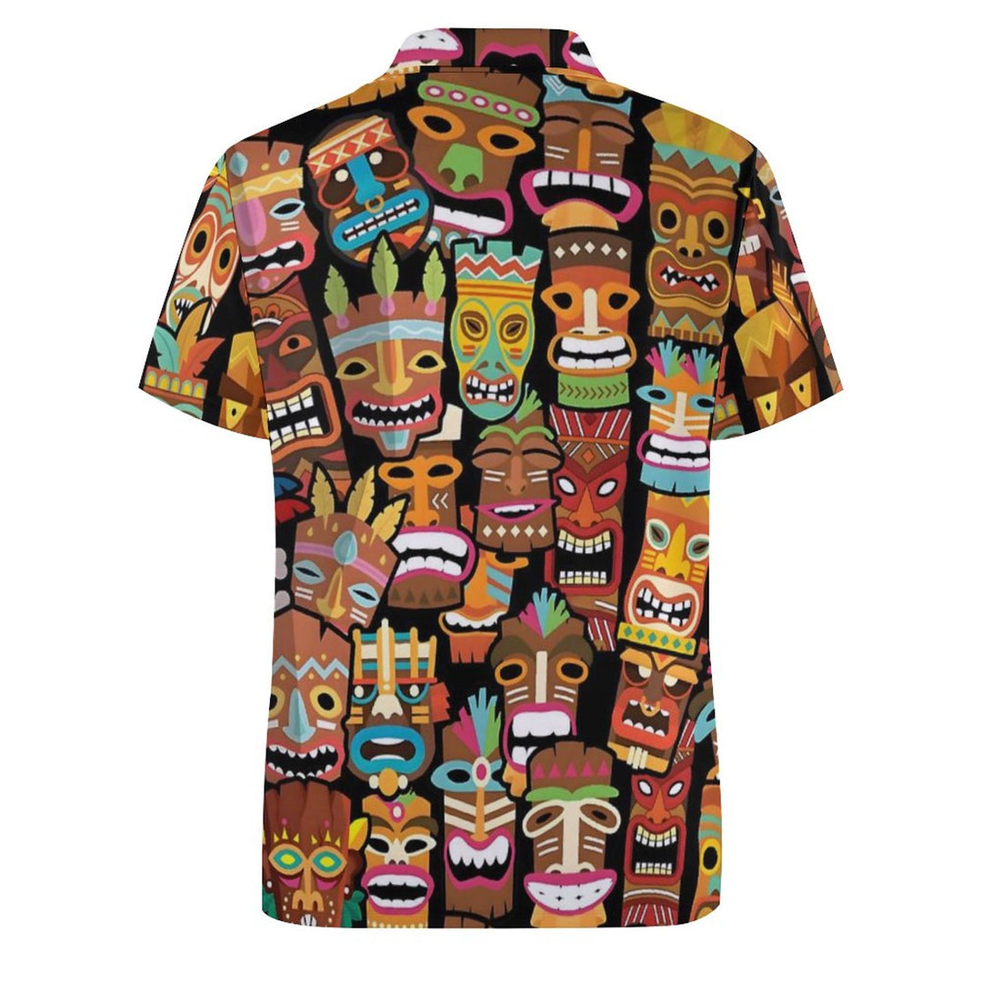 Men's Button-Down Short Sleeve TIKI Art Print Polo Shirt 2312000292