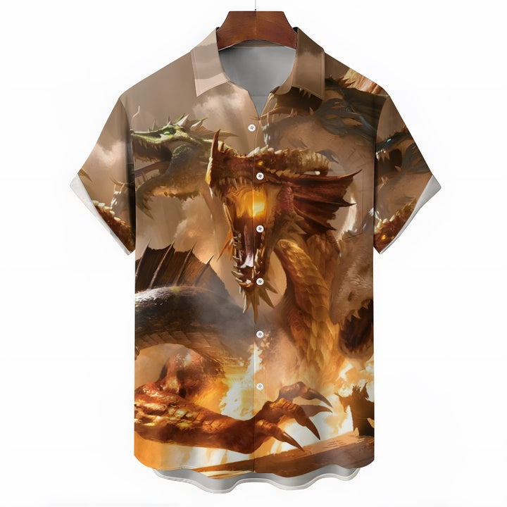 Men's Three Headed Dragon Print Casual Short Sleeve Shirt 2403000224