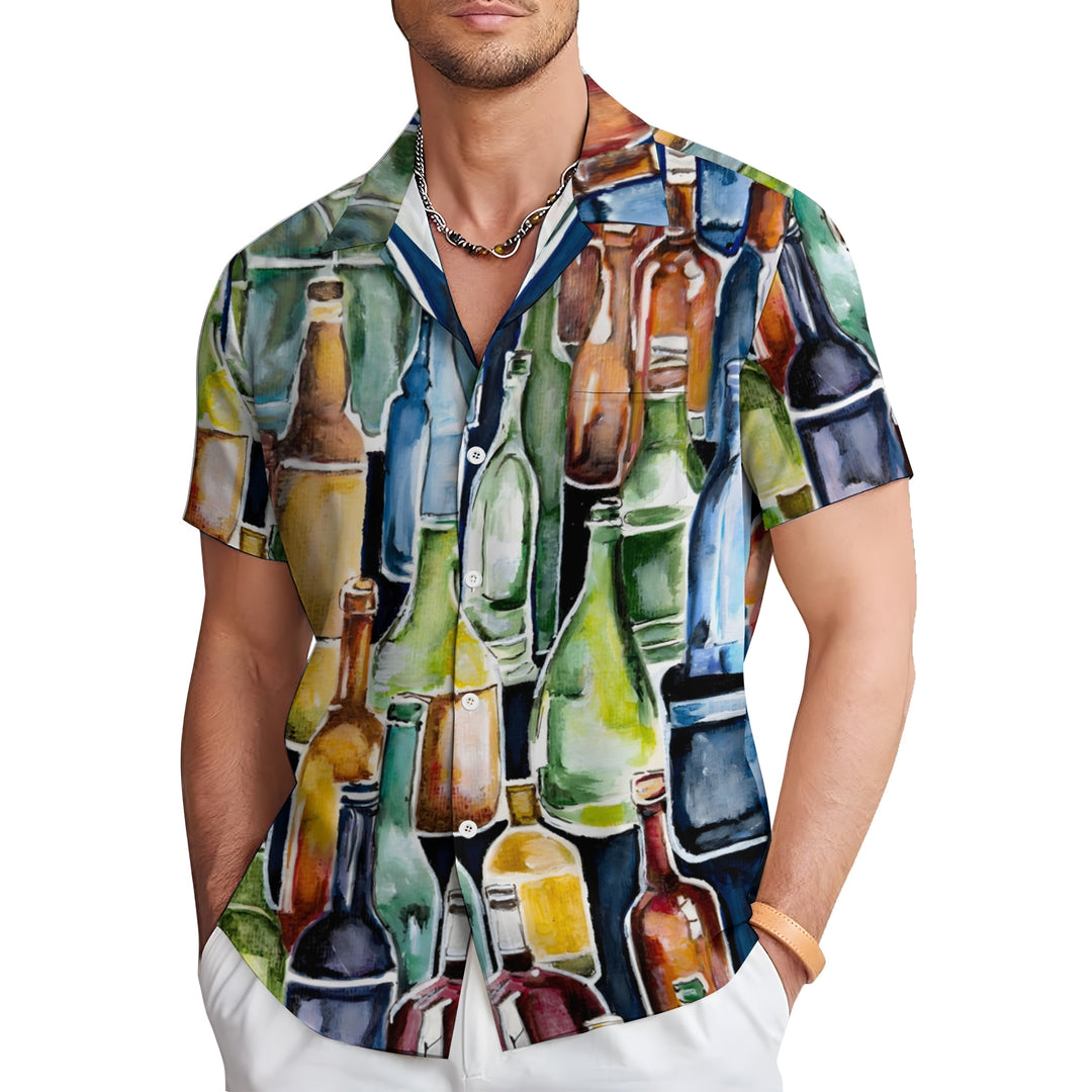 Wine Bottle Watercolor Art Casual Short Sleeve Shirt 2403000230