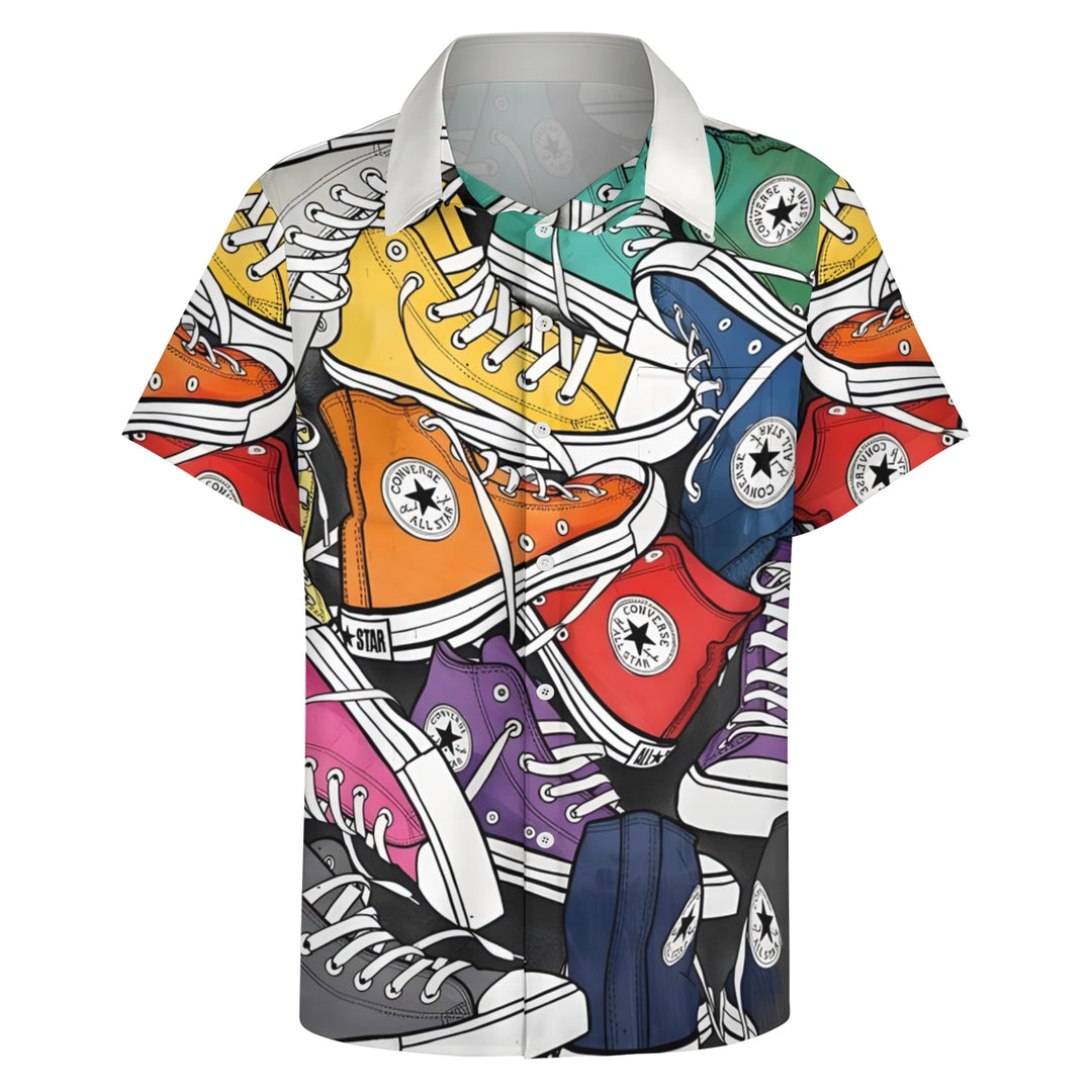 Retro Nostalgic Canvas Shoes PrintCasual Short Sleeve Shirt 2403000096