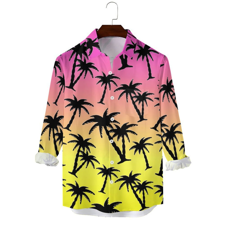 Men's Casual Gradient Coconut Tree Printed Long Sleeve Shirt 2403000052