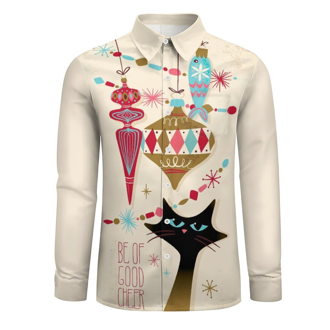 Men's Casual Festive Cat Printed Long Sleeve Shirt 2312000276