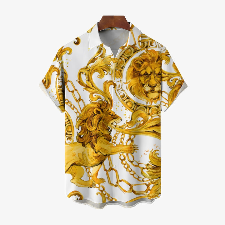 Men's Baroque Lion Chain Casual Short Sleeve Shirt 2403000129