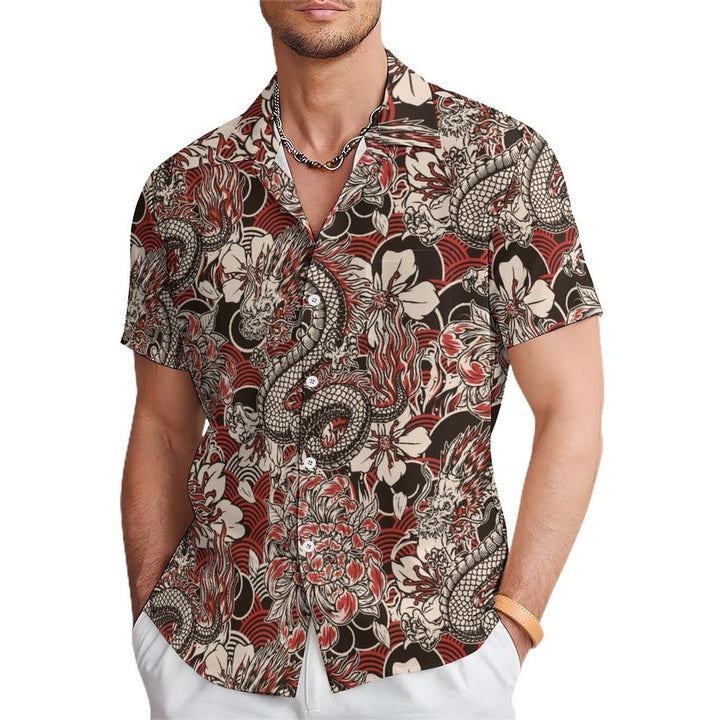 Men's Casual Vintage Ukiyoe Dragon Short Sleeve Shirt 2401000193