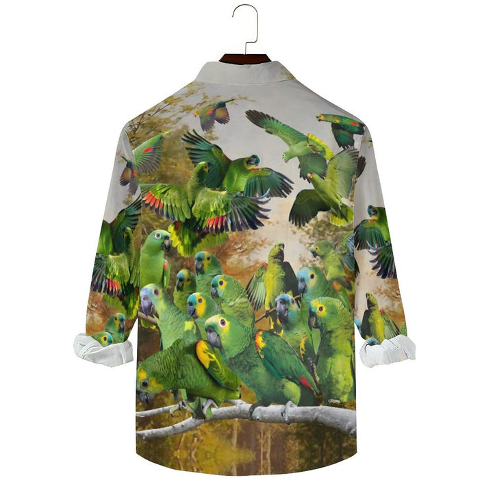 Men's Casual Parrot In The Woods Printed Long Sleeve Shirt 2312000208