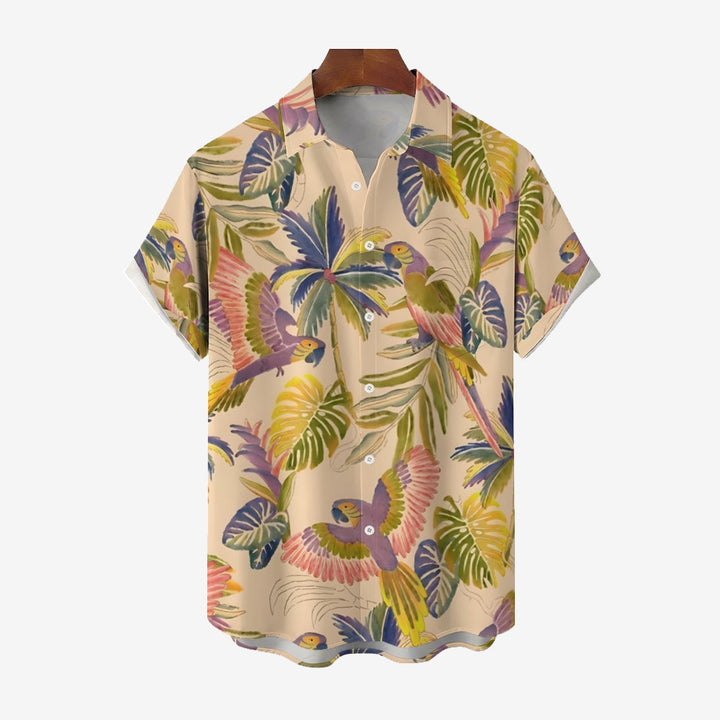 Men's Hawaiian Retro Watercolor Parrot Casual Short Sleeve Shirt 2402000092