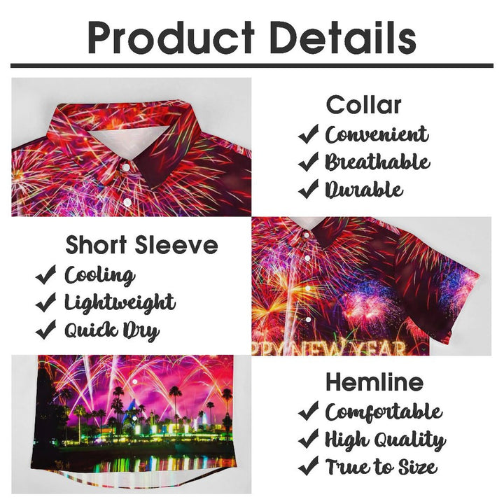 Happy New Year Holidays Men's Hawaiian Shirts Stretch Fireworks Fun Pocket Christmas Shirts 2311000192