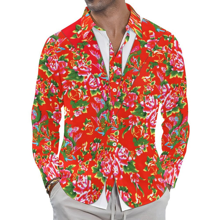 Men's Casual Red Floral Print Long Sleeve Shirt 2401000289