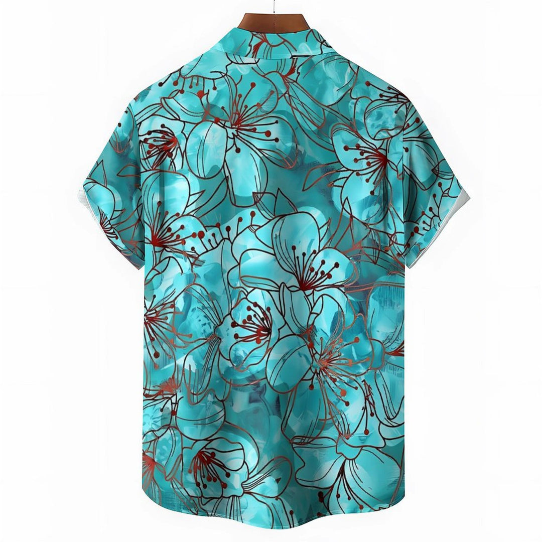 Men's Floral Blue Print Casual Short Sleeve Shirt 2402000229