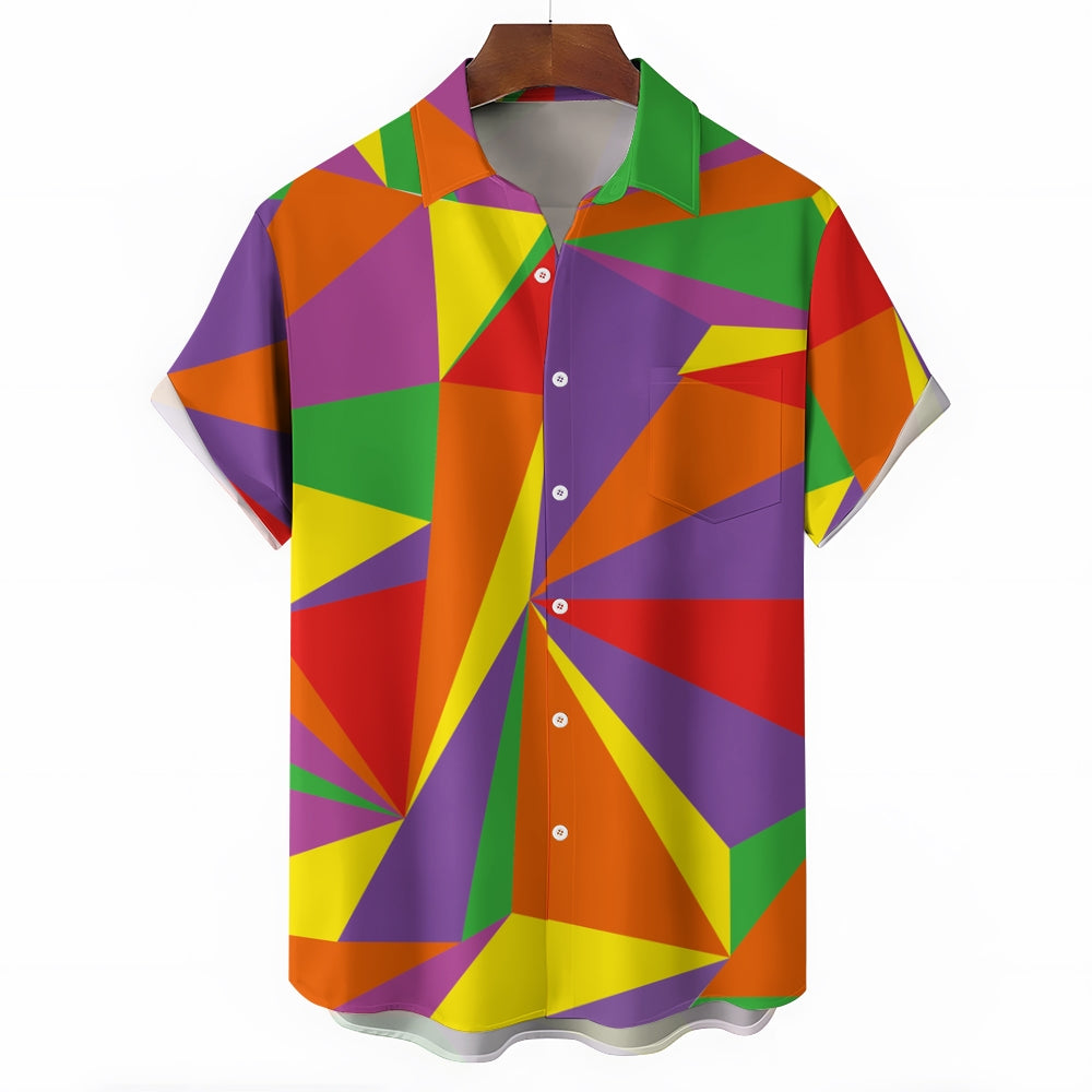 Geometric Color Block Patchwork Print Casual Short Sleeve Shirt 2403000048