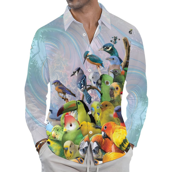 Men's Casual Tropical Rainforest Bird Printed Long Sleeve Shirt 2312000196