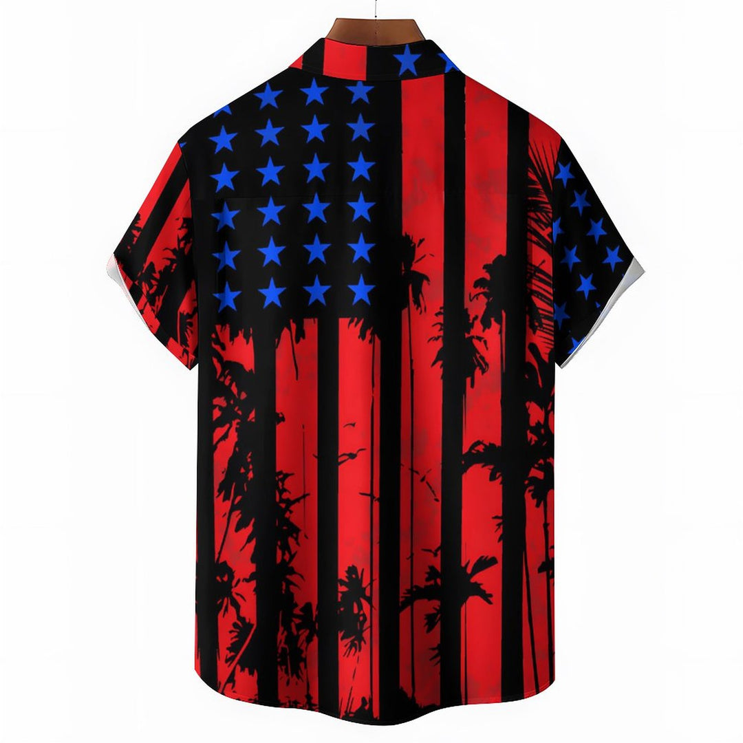 Flag Coconut Tree Chest Pocket Short Sleeve Casual Shirt 2312000516