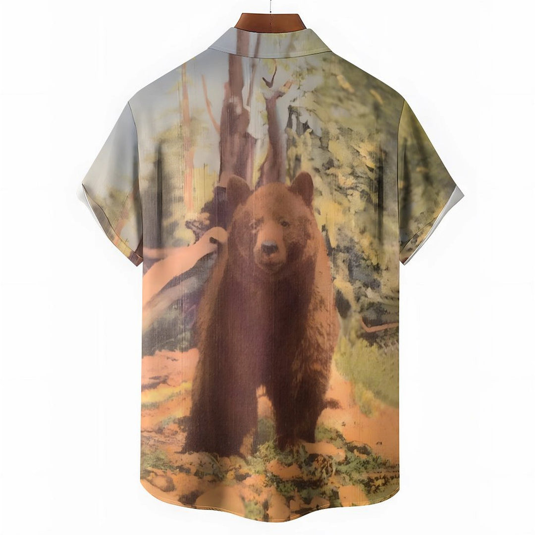 Men's Brown Bear Print Casual Short Sleeve Shirt 2402000359