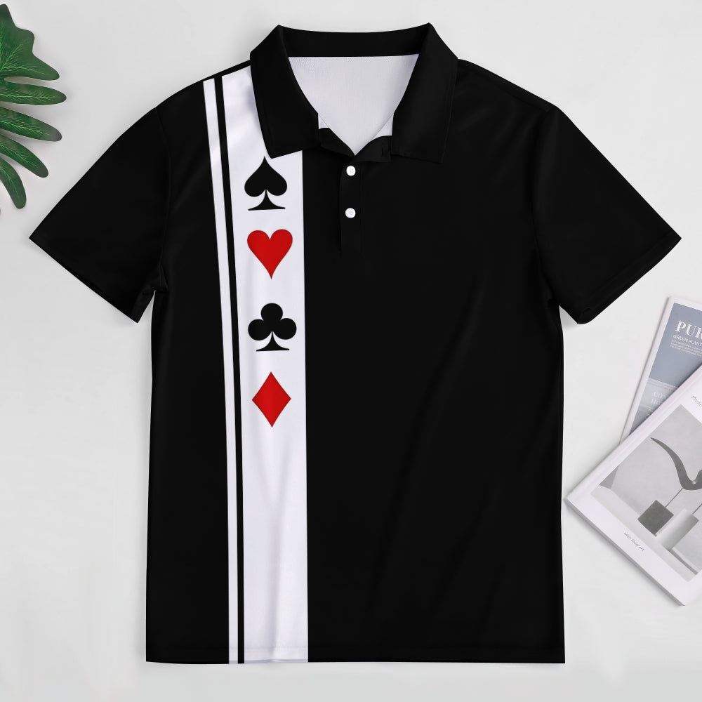Men's Button-Down Short Sleeve Poker Print Polo Shirt 2403000113