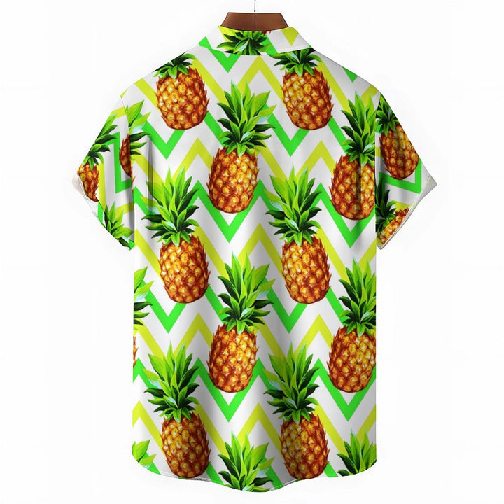 Men's Hawaiian Pineapple Print Stripes Casual Short Sleeve Shirt 2401000341