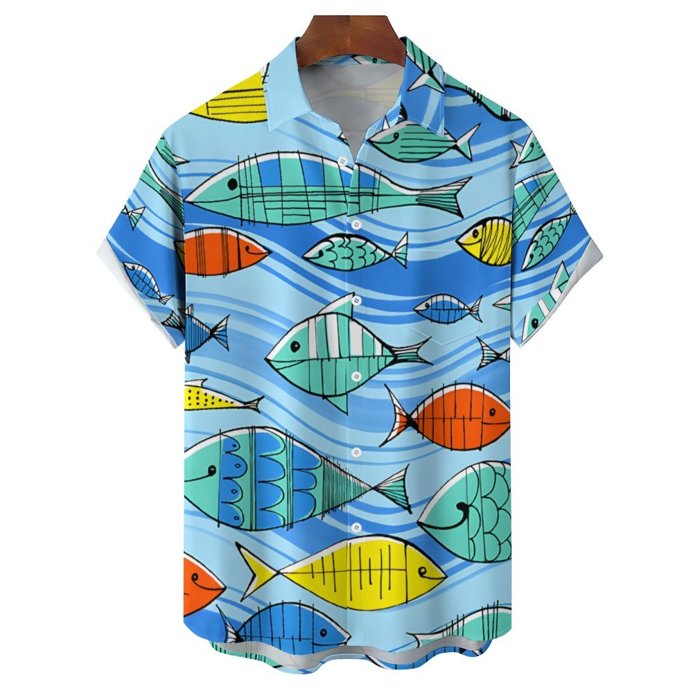 Fish Chest Pocket Short Sleeve Hawaiian Shirt 2401000129