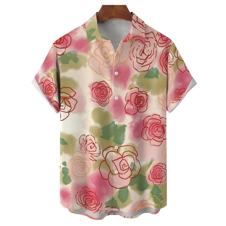 Artistic Rose Print Casual Short Sleeve Shirt 2402000317