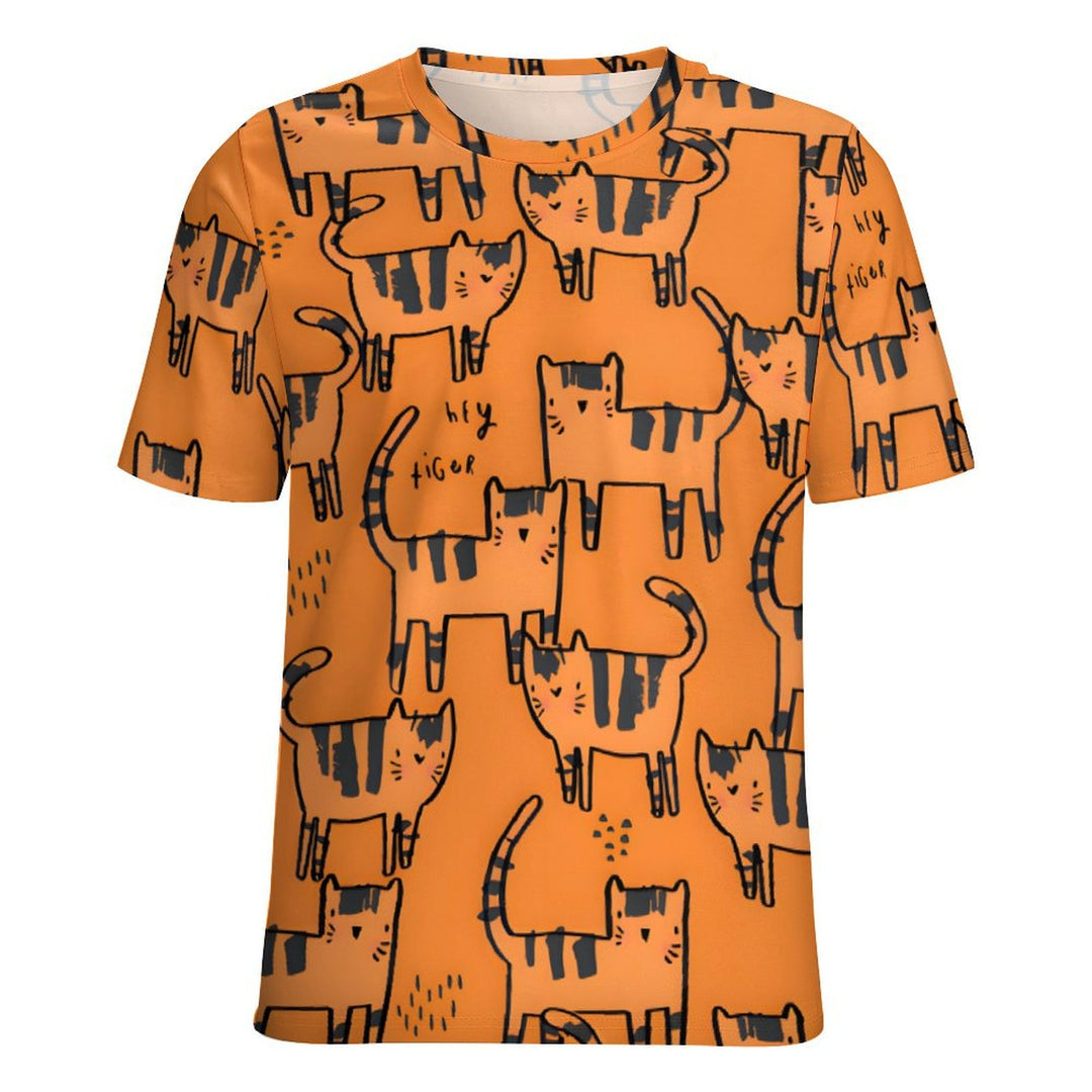 Men's Orange Cat Round Neck Casual T-shirt 2401000111