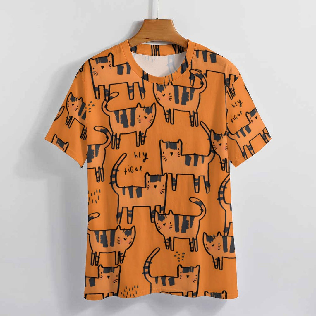 Men's Orange Cat Round Neck Casual T-shirt 2401000111